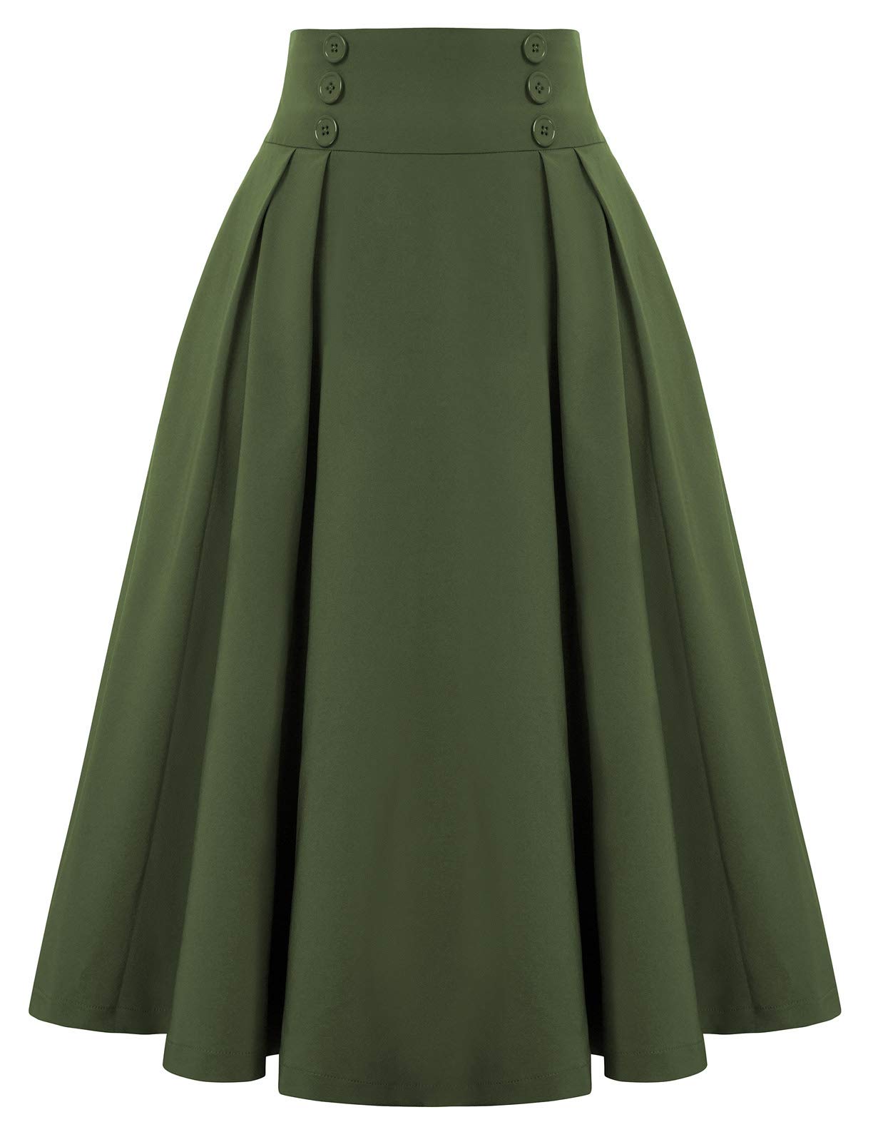 Belle Poque Women's Pleated Midi A-Line Skirt — Vintage High-Waist Design with Pockets