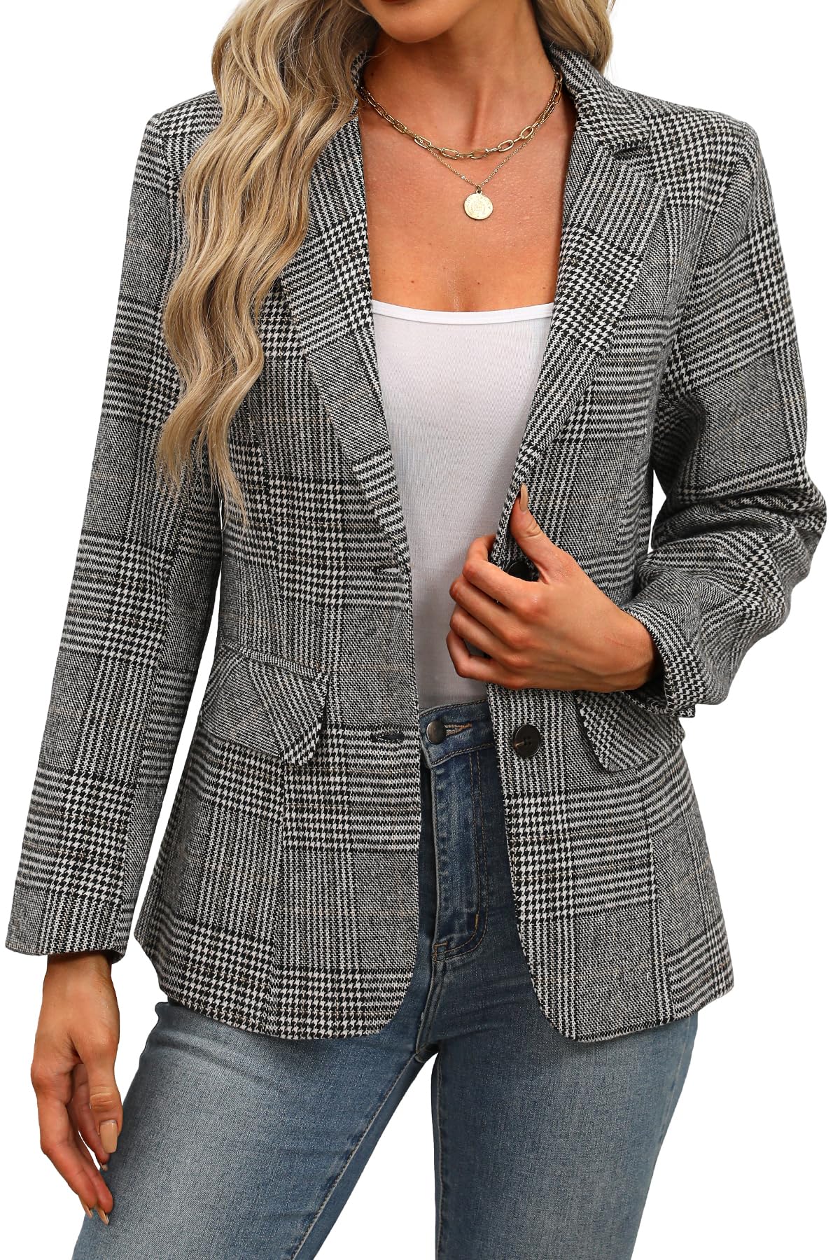 ELLEVEN Women's Plaid Houndstooth Boyfriend Blazer - Lapel Collar 2-Button Work Jacket